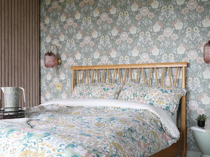 Cottagecore Bedroom with Vertical Slat Wall Paneling & Floral Wallpaper