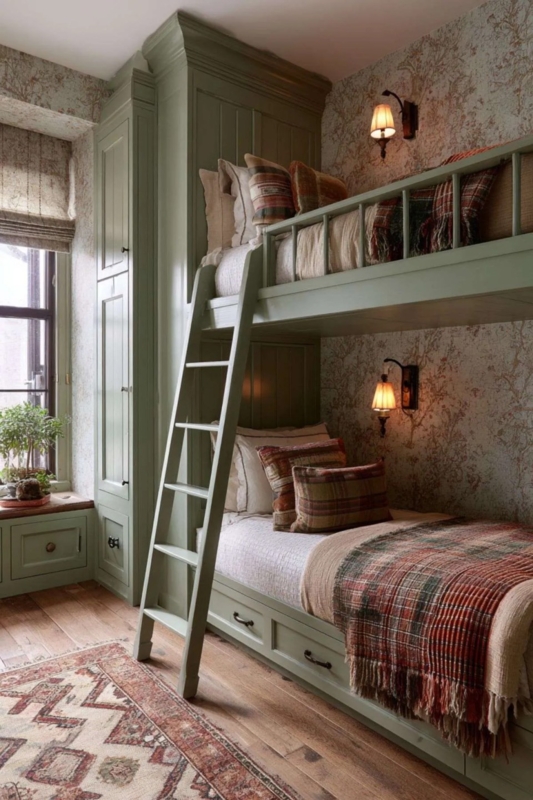 Cottagecore Bunk Bed with Integrated Design and Sage Green Built-ins