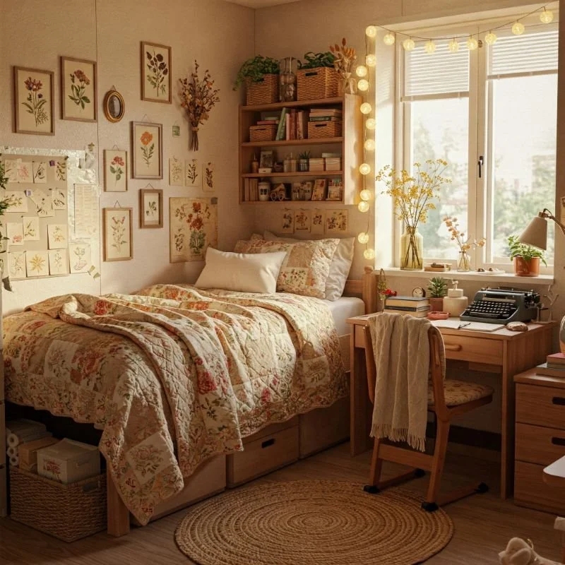 Cottagecore Dorm Room Layout: Botanical Gallery Wall and String Lights