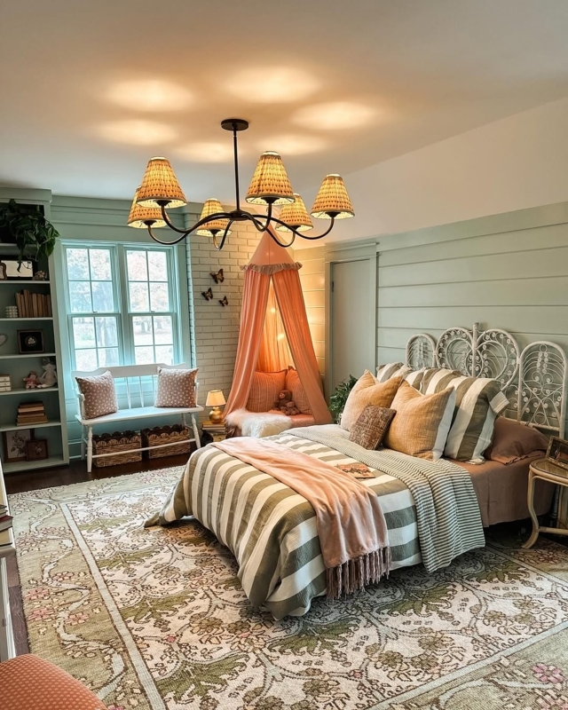 Cottagecore Farmhouse Bedroom: Sage Green Shiplap and Peach Canopy Nook