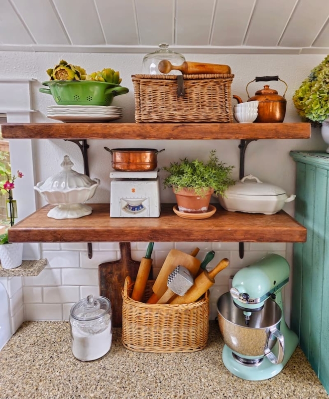 Cottagecore Kitchen Open Shelving Ideas With Mint Green Mixer