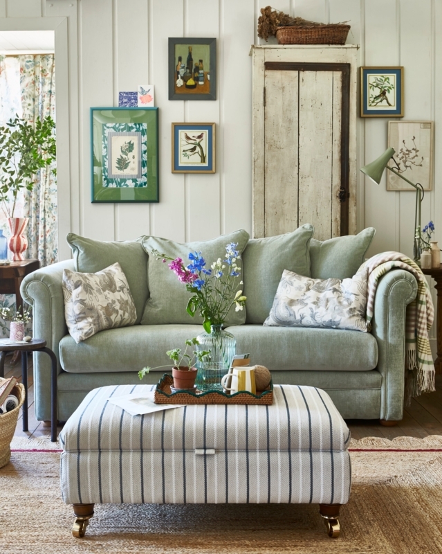 Cottagecore Living Room with Sage Green Sofa and Shiplap Gallery Wall