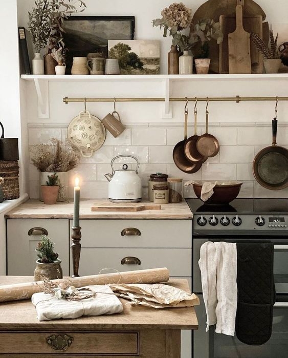 Cottagecore Rustic Kitchen Brass Pot Rail and Copper Cookware Display