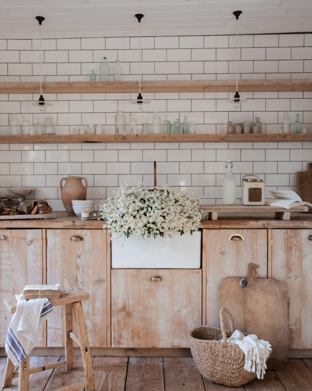 Cottagecore Rustic Kitchen Reclaimed Wood Cabinets Flower Filled Sink
