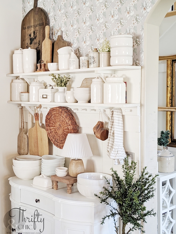 Cottagecore White Sideboard and Shelves with Floral Wallpaper