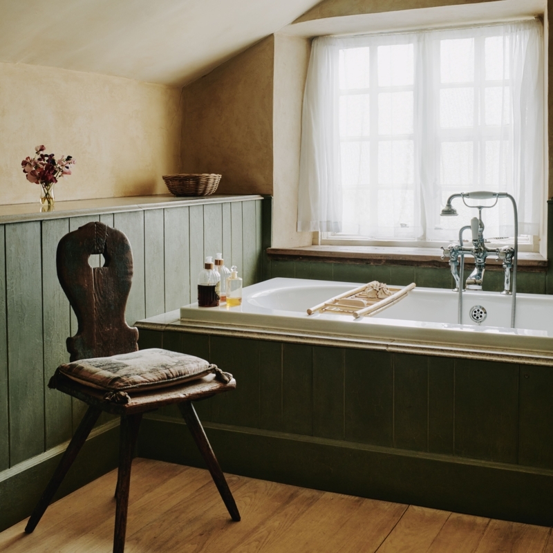 Country Bathroom: Built-in Tub & Olive Green Paneling
