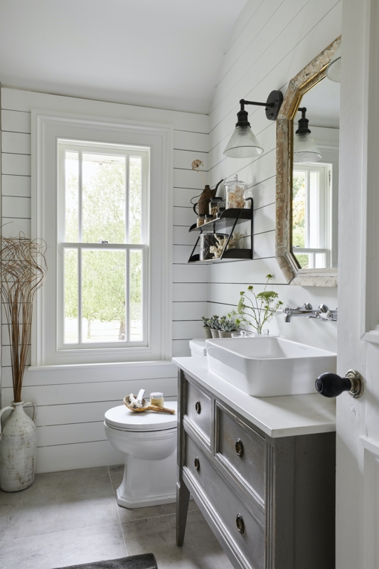 Country Bathroom: Weathered Gray Vanity & Shiplap Walls