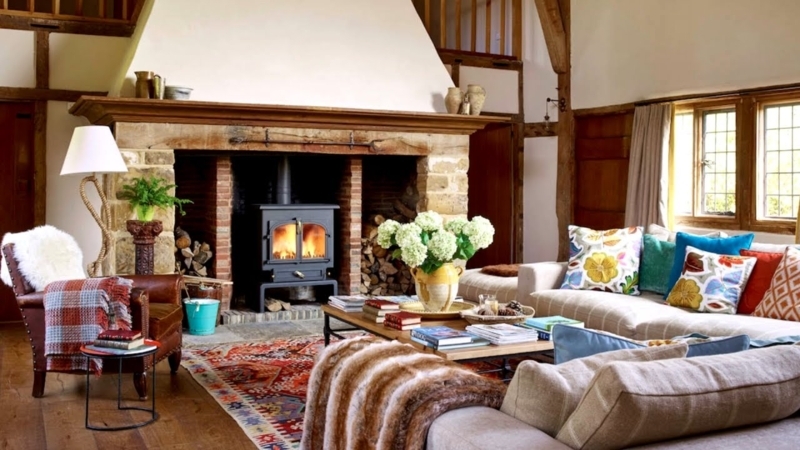 Country Cottage Living Room with Wood Burning Stove and Timber Beams