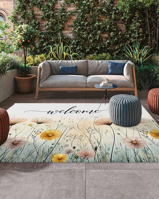 Country Cottage Outdoor Area Rug Blue Gradient with Botanical Border