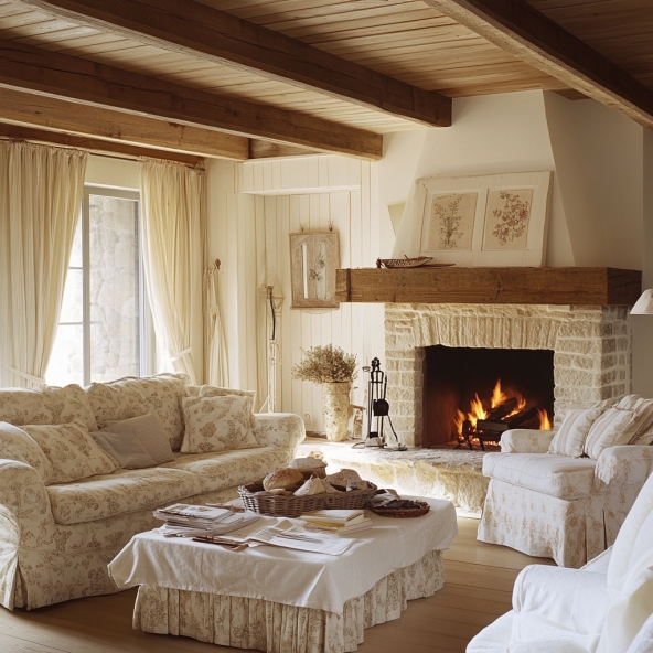 Country Living Room With Stone Fireplace And Floral Upholstery