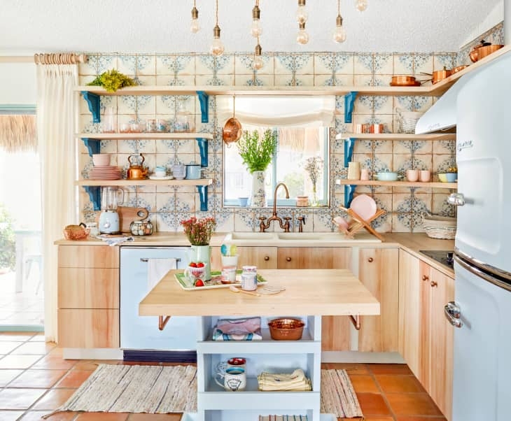 Country Rustic Kitchen Pale Blue Appliances Patterned Backsplash Tiles