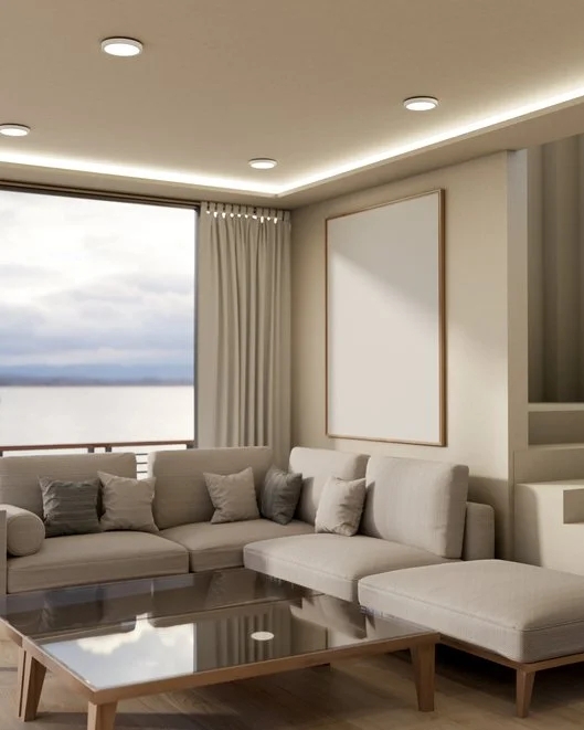 Cove Lighting and Recessed Lights with Waterfront View