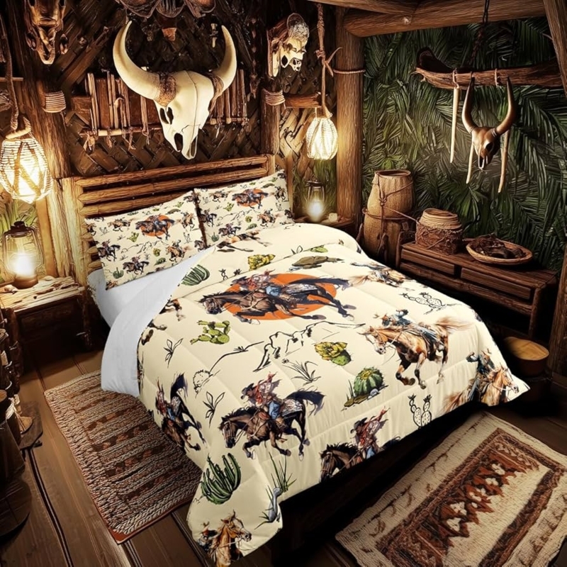 Cowboy Themed Bedding Set in Log Cabin Bedroom Styling