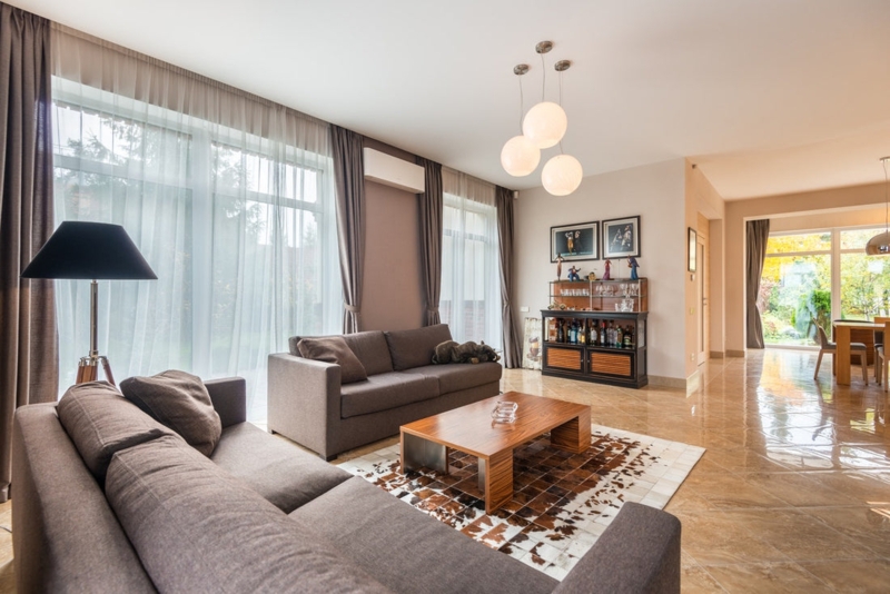 Cowhide Rug and Polished Tile Floor in Contemporary Open Plan