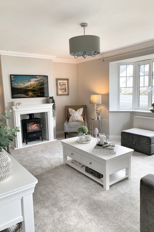 Cozy Bay Window Seating Layout in Neutral Grey Living Room Design