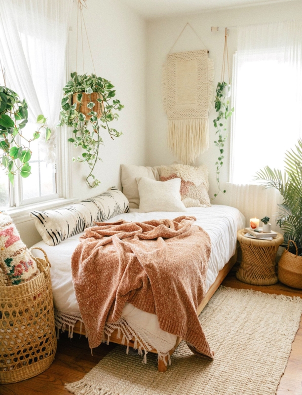 Cozy Bed with Terracotta Knit Throw and Hanging Plants