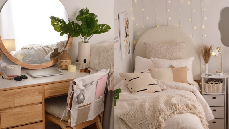 Cozy Bedroom Desk Organization with Round Wood Mirror