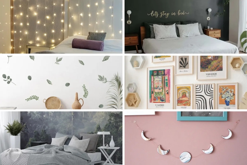 Cozy Bedroom String Light Decor and Forest Mural Accent Wall Ideas