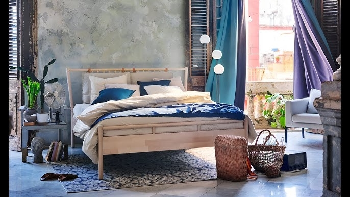 Cozy Bedroom with Distressed Wall Texture and Three Globe Floor Lamp