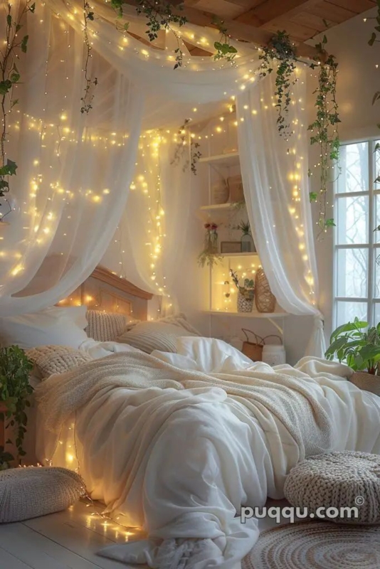 Cozy Bohemian Bedroom with Sheer Canopy Drapery and Fairy Lights