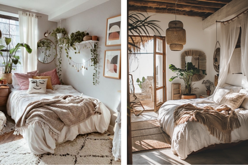 Cozy Boho Bedroom Plant Decor with Layered Tactile Fabrics.