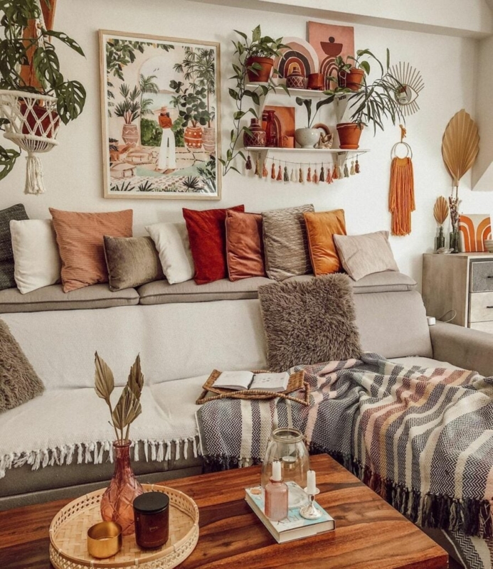 Cozy Boho Living Room With Earthy Textured Pillow Arrangement