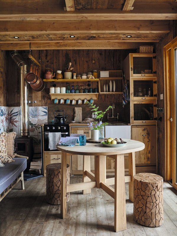 Cozy Cabin Kitchen Wood Paneled Walls and Mosaic Wood Stools
