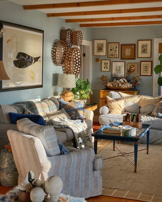 Cozy Cottage Gallery Wall Decor with Woven Baskets and Mixed Textiles