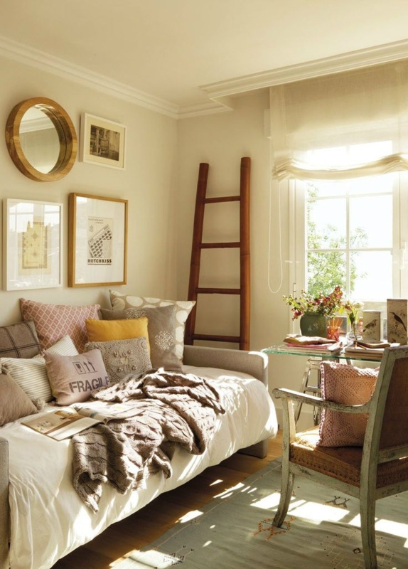 Cozy Daybed Guest Room Ideas with Chunky Knit Throw and Leaning Ladder