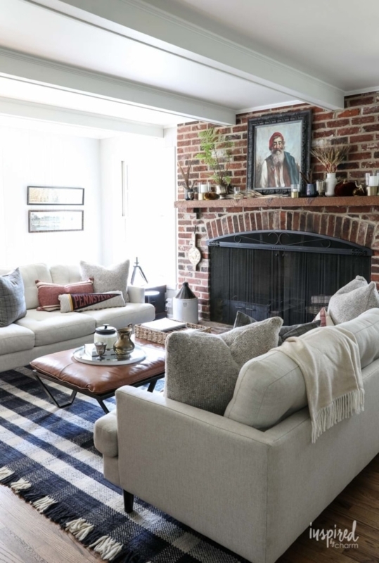 Cozy Fall Living Room Decor with Navy Plaid Rug