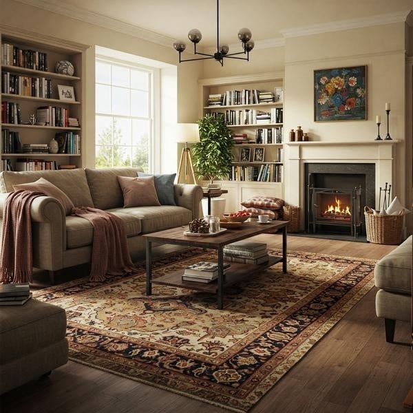 Cozy Fireplace Library Layout with Traditional Oriental Pattern Rug
