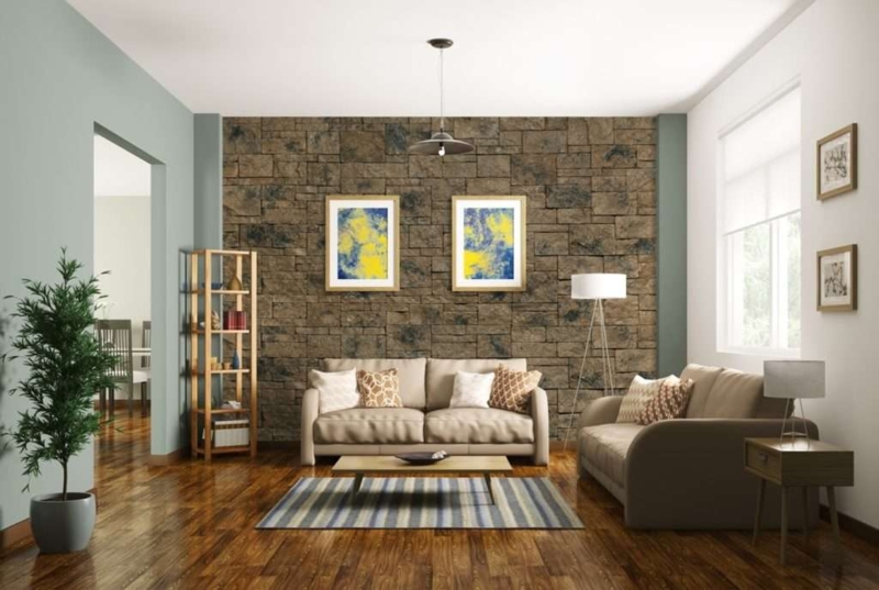 Cozy Living Room with Brown Stacked Stone Wall and Sage Green Accents