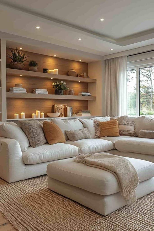 Cozy Living Room with Built-in Shelving, Ambient Lighting, and Woven Rug