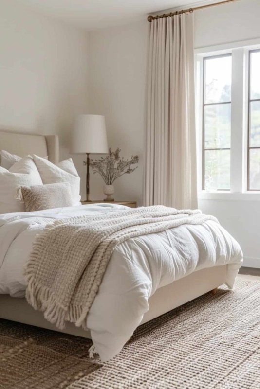Cozy Minimalist Bed with Chunky Knit Throw Blanket Decor in Cream