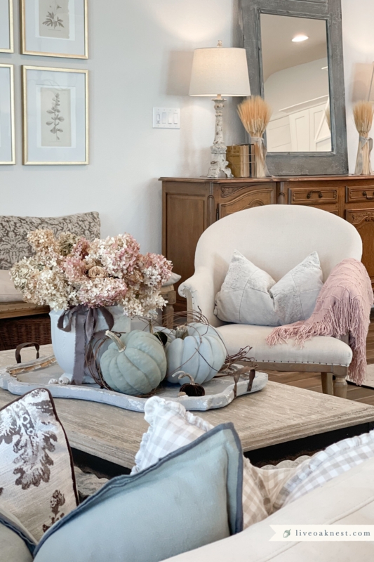 Cozy Neutral Reading Corner: Botanical Grid Art & Weathered Mirror