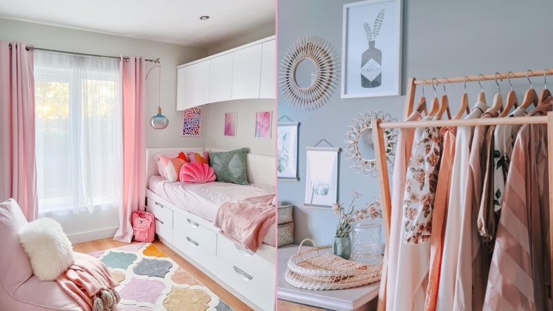 Cozy Pink Bedroom Decor With Under Bed Drawers And Rack