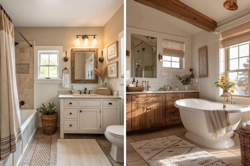 Cozy Rustic Bathroom with Exposed Wood Beam and Freestanding Tub