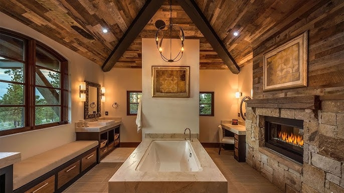 Cozy Rustic Master Bathroom with Fireplace and Vaulted Ceiling