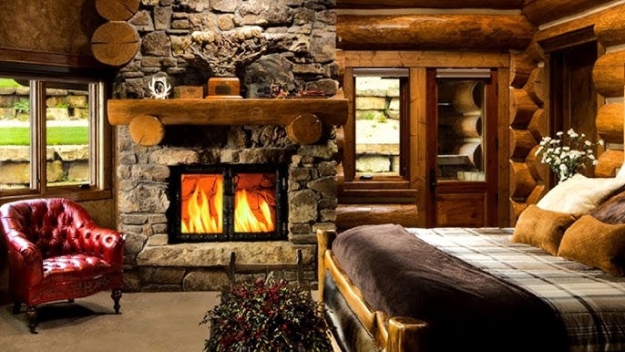 Cozy Stone Fireplace Bedroom With Log Walls And Red Leather Armchair