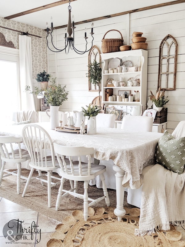 Cozy White Cottage Dining Room with Lace Tablecloth & Shiplap
