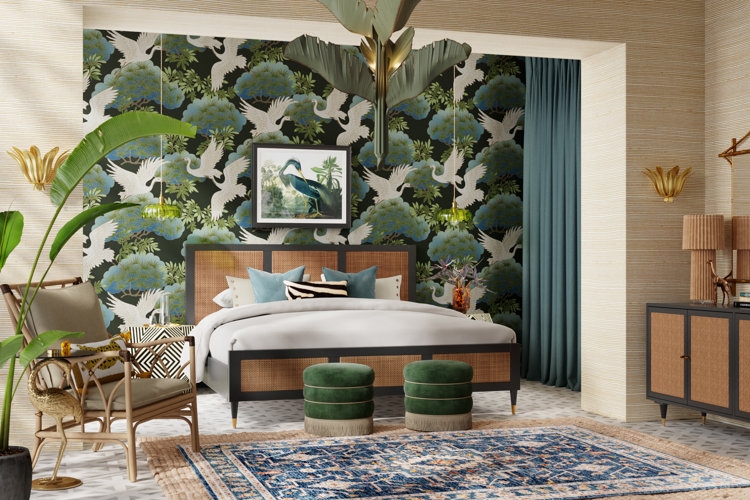 Crane Wallpaper and Green Velvet Ottomans in a Tropical Regency Room
