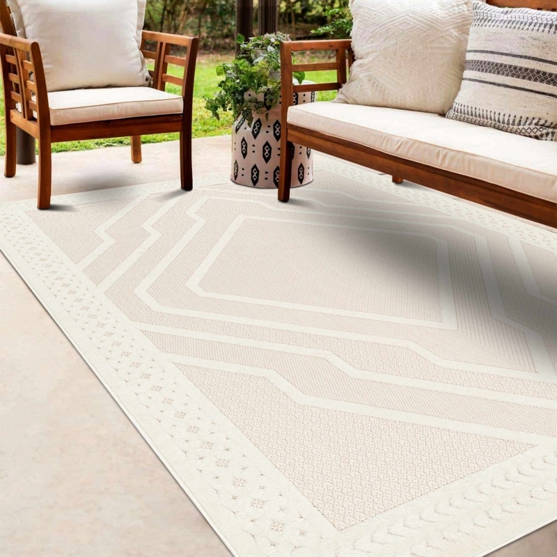 Cream Area Rug: High-Low Diamond Pattern for Patio Decor