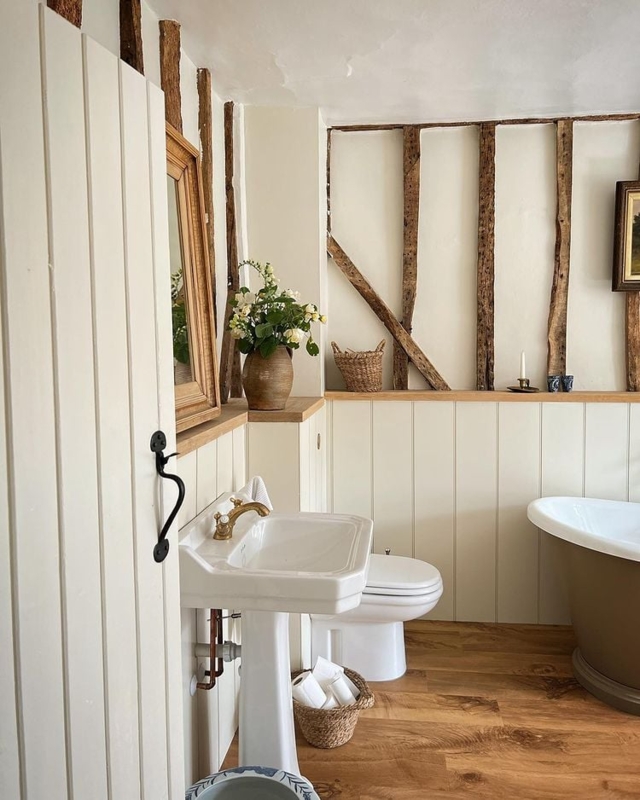 Cream Beadboard Wall Paneling in Rustic Cottage Bathroom