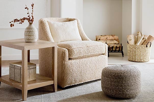 Cream Boucle Accent Chair in a Monochromatic Neutral Living Room Corner
