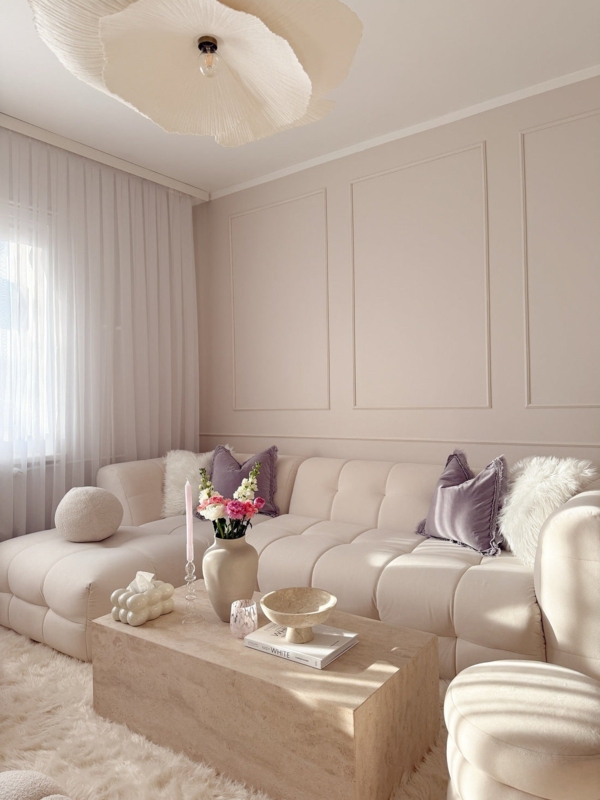 Cream Modular Sectional Sofa Tufted Cushions Travertine Coffee Table
