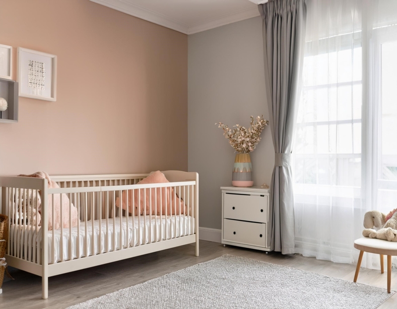 Cream Slatted Crib Against Muted Peach Accent Wall in Calm Nursery