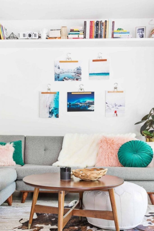 Creative Hanger Photo Wall Display In Eclectic Living Room With Shaggy Pillows
