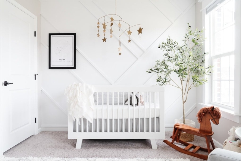 Crib in Minimalist Nursery with Geometric Wood Accent Wall Ideas