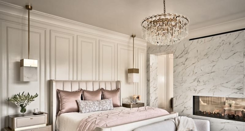 Crystal Tiered Chandelier Luxury Bedroom with Marble Fireplace Wall