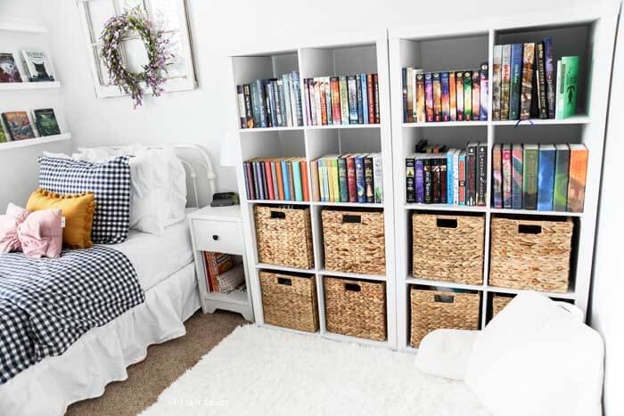 Cube Bookcase: White Storage with Woven Baskets and Gingham Bedding